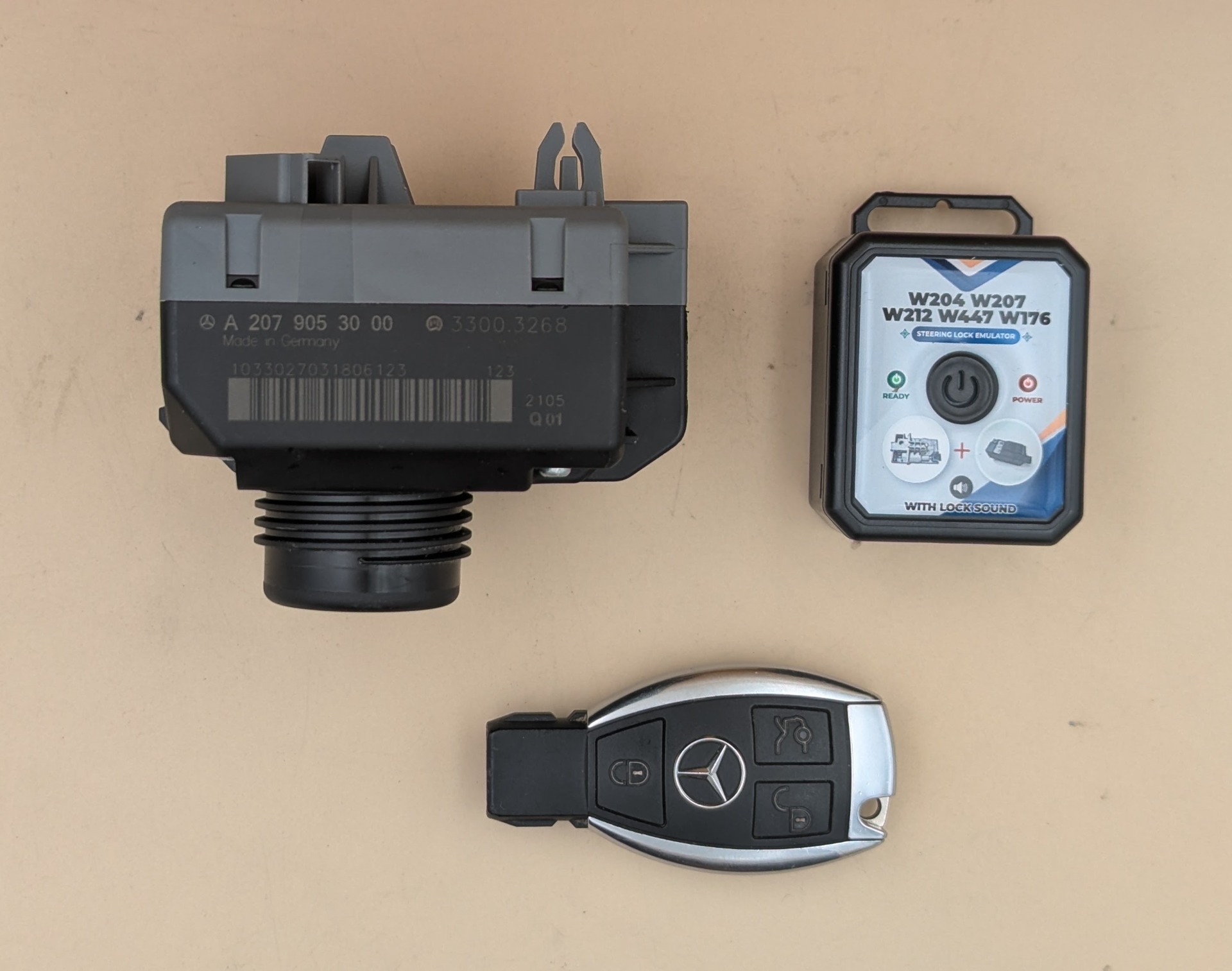 Spínacia skrinka, kľúč a emulátor zámku volantu Mercedes E W207